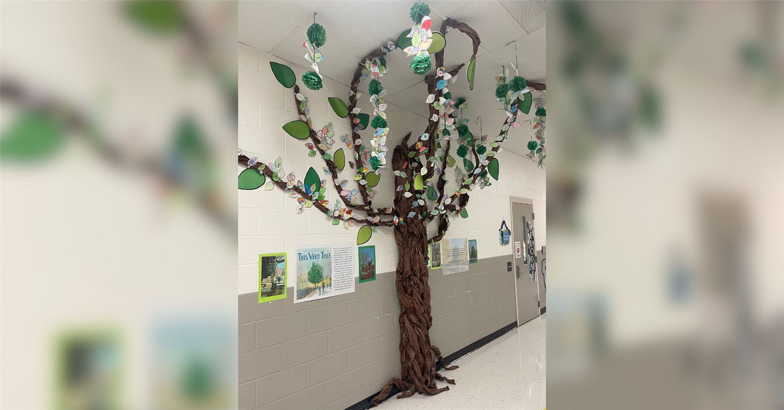 A paper machete tree looms large outside the Donelson Elementary library to showcase lessons in resiliency.